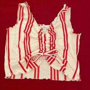 White & red striped ruffled crop top